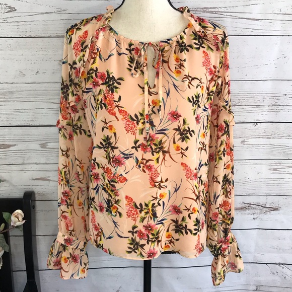 Rose & Olive Tops - Rose + Olive Peach Floral Ruffle Long Sleeve Top
